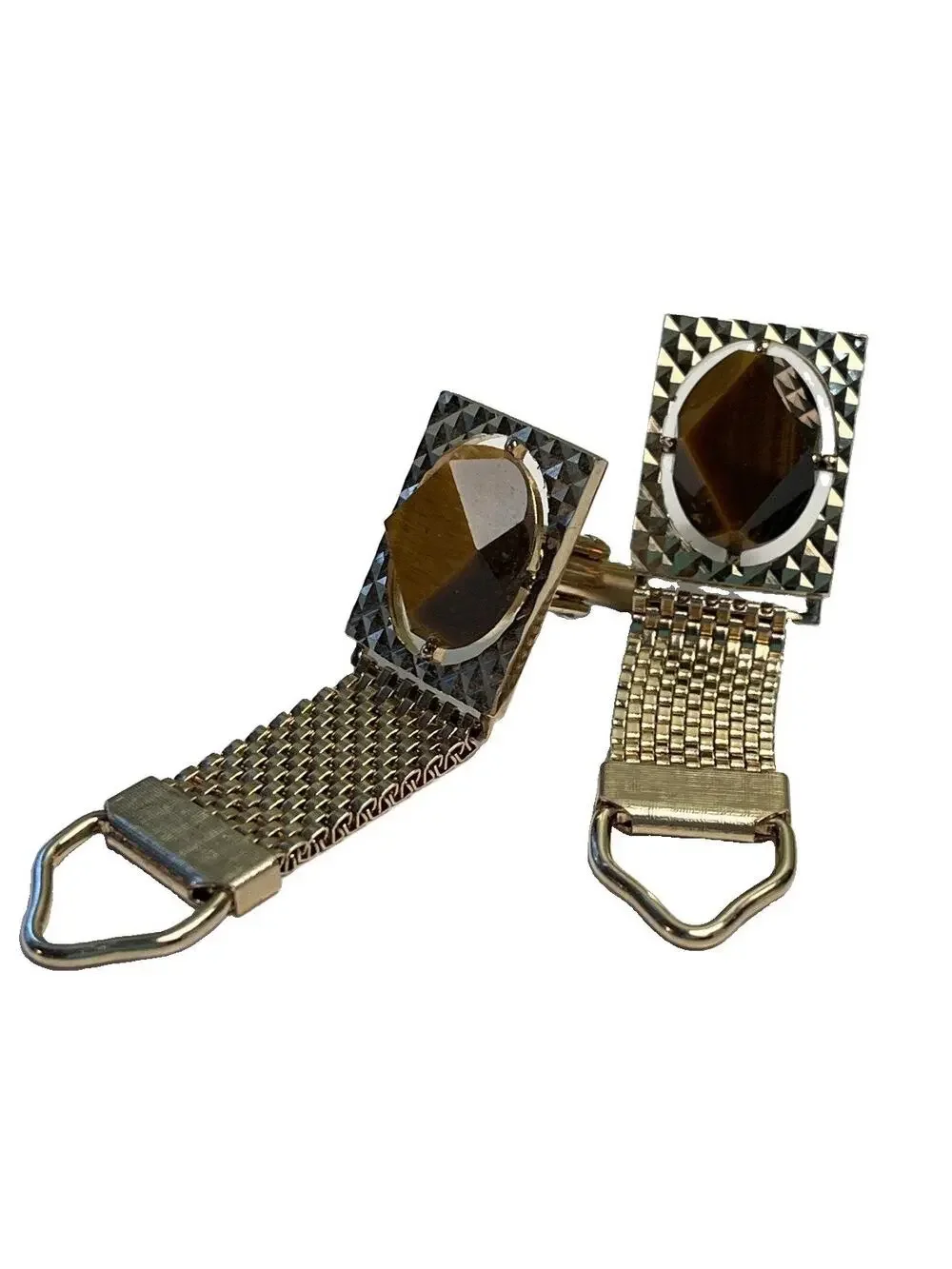Vintage Gold Tone Wrap Cufflinks Caramel Tigers Eye Brown Stone Unmarked